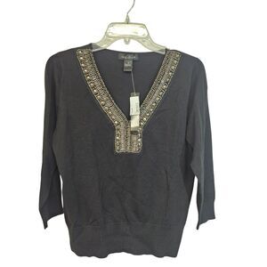 August Silk Womens Sweater Size M Black Beaded Office Glam Event